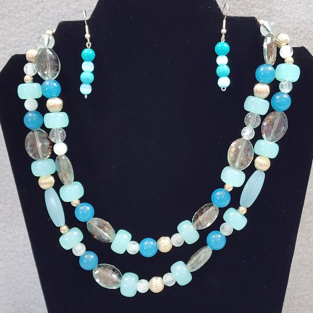 Teal Icy Sea Blue-Green Double Strand Acrylic Beaded Necklace Matching Earrings
